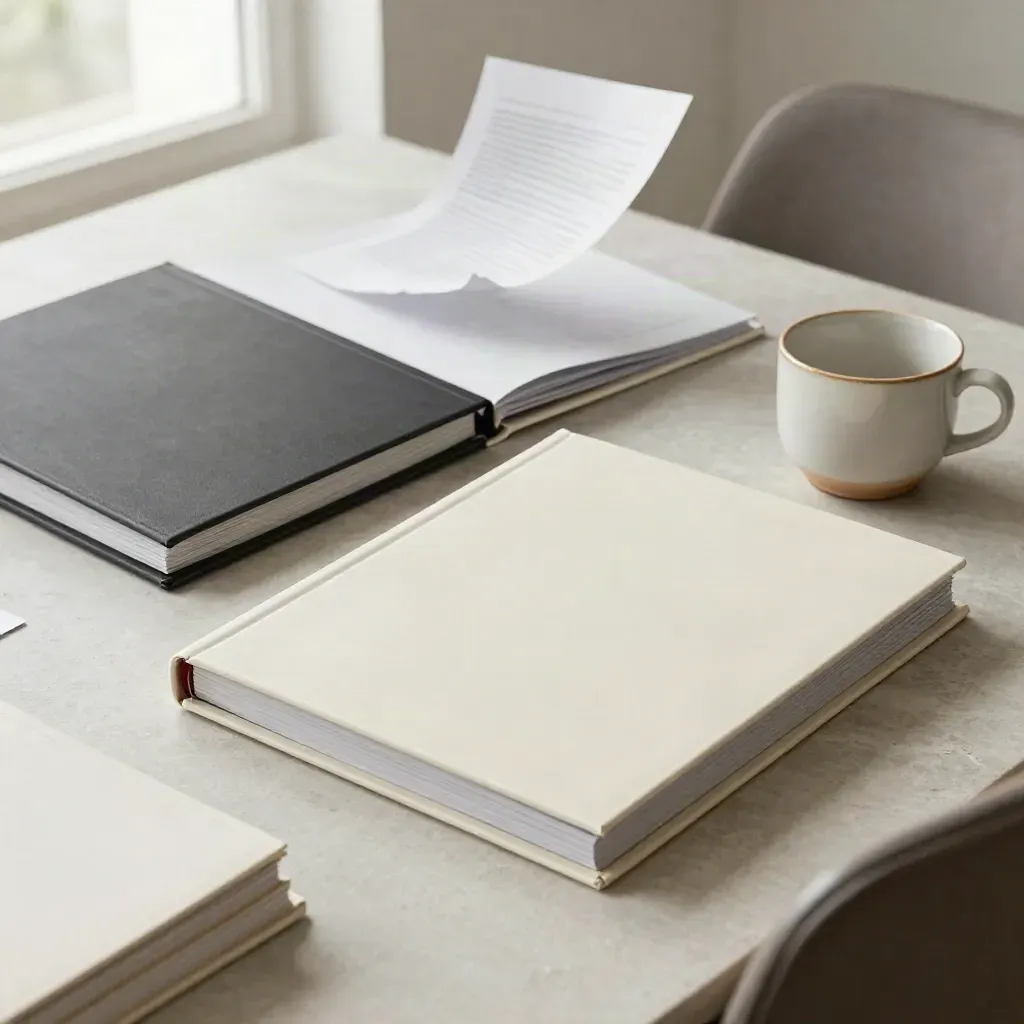 Trois maquettes de couverture et un classeur d’audit sur table, tasse mate, papiers en mouvement.