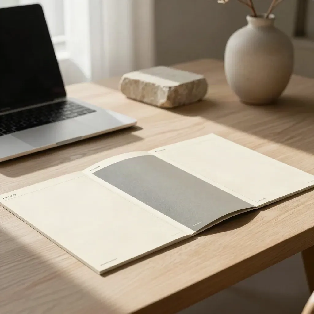 Cartes maquettes d’un site vitrine, laptop flou, bloc de pierre et vase dépouillé en lumière douce.