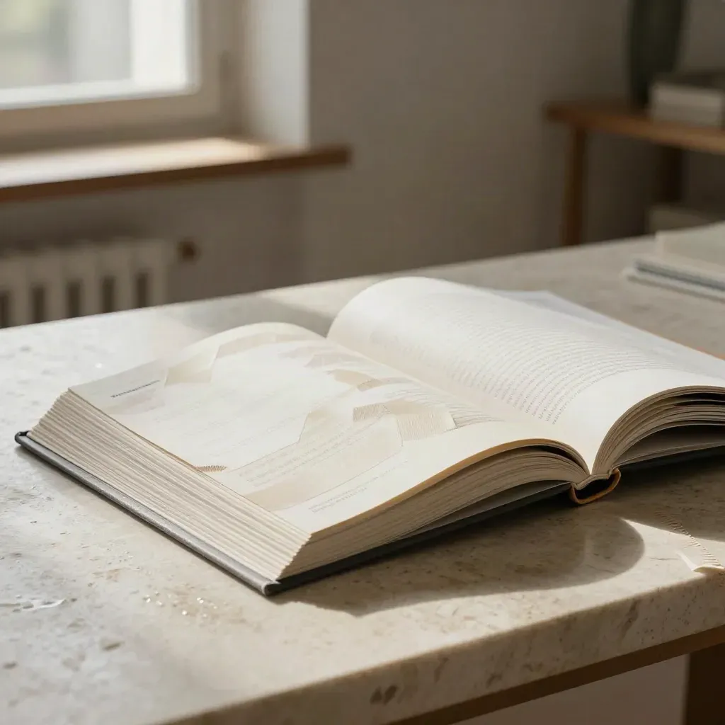 Cahier de marque ouvert sur travertin, onglets ivoire en éventail et échantillons papier