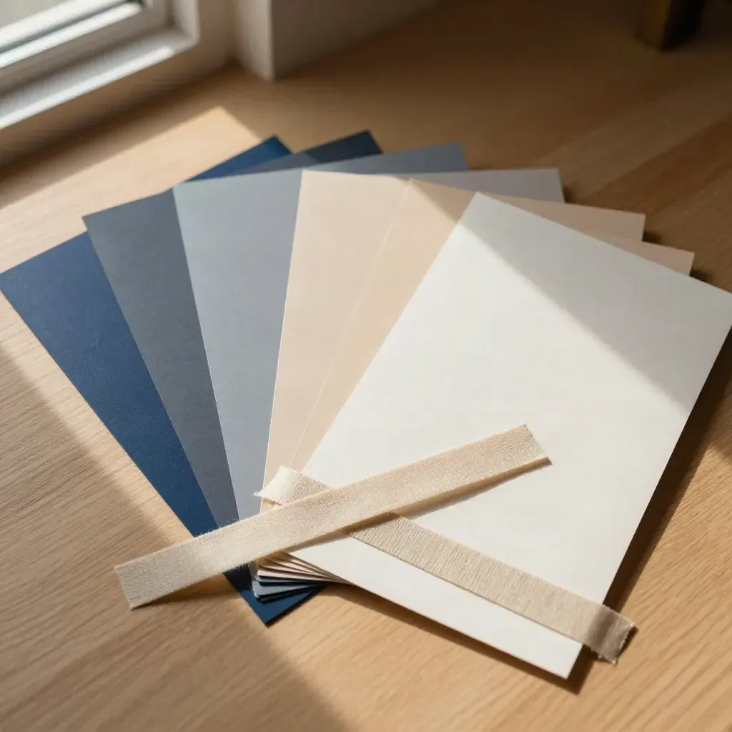 Aplats de papier bleu nuit, ivoire et ardoise en éventail sur bois clair.