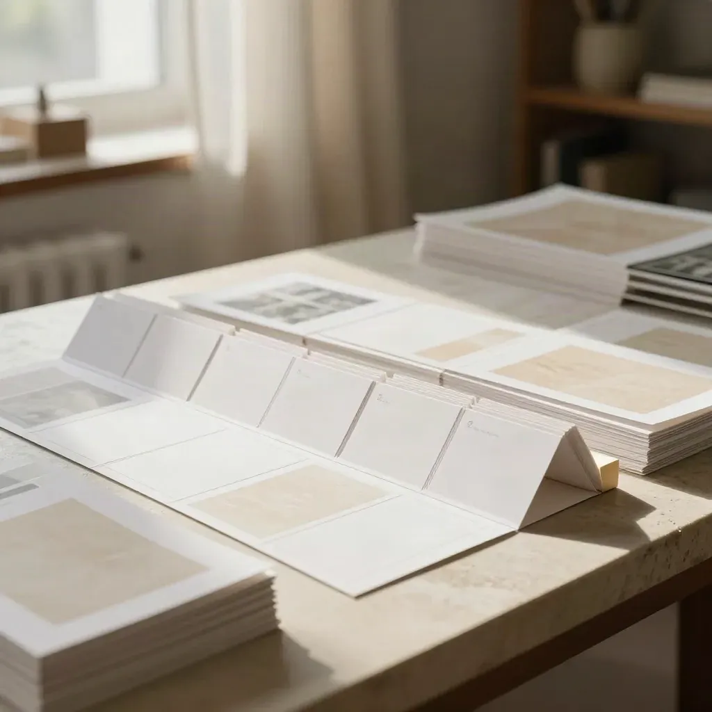 Cartes blanches de grille éditoriale, maquettes empilées et bloc de calage sur table en pierre.